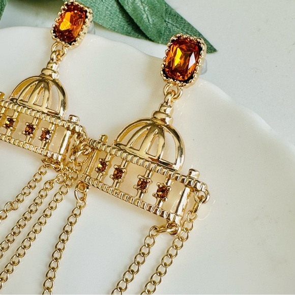 2/$30🌵 Gold Tassel Dangle Earrings Amber Rhinestone European Chic Jewelry NEW - Picture 10 of 12